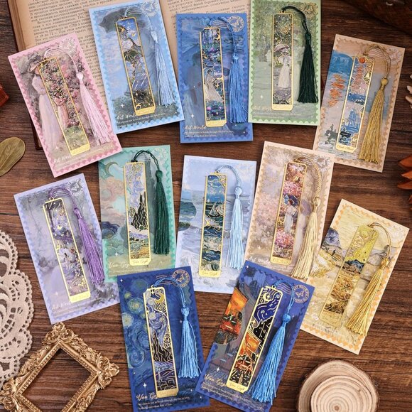 12 Pieces Metal Bookmarks with Tassel, Golden Hollow Bookmark Oil Painting Theme - Picture 2 of 8